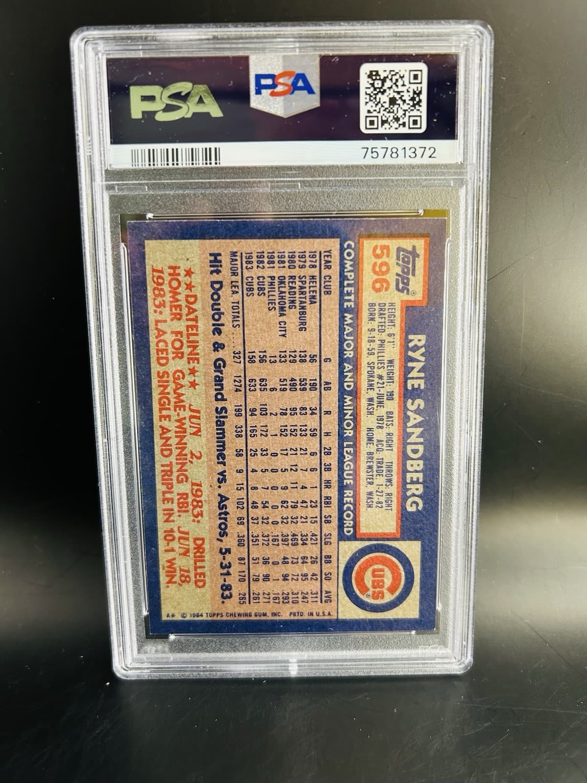1984 Topps - Ryne Sandberg #596. PSA 8 NM-MT
