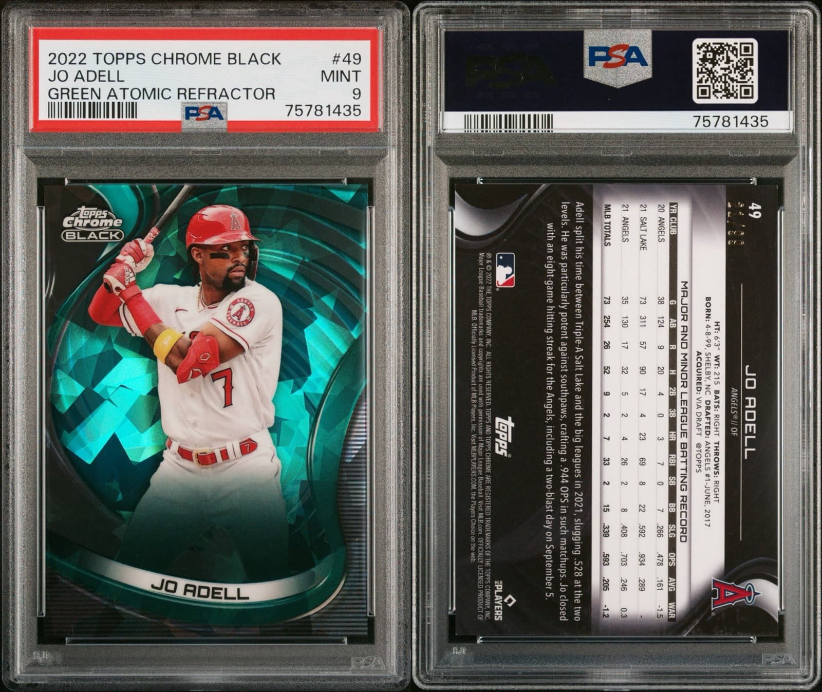 2022 Topps Chrome Black - Green Atomic Refractor #49 Jo Adell /99. PSA 9. Pop 1!