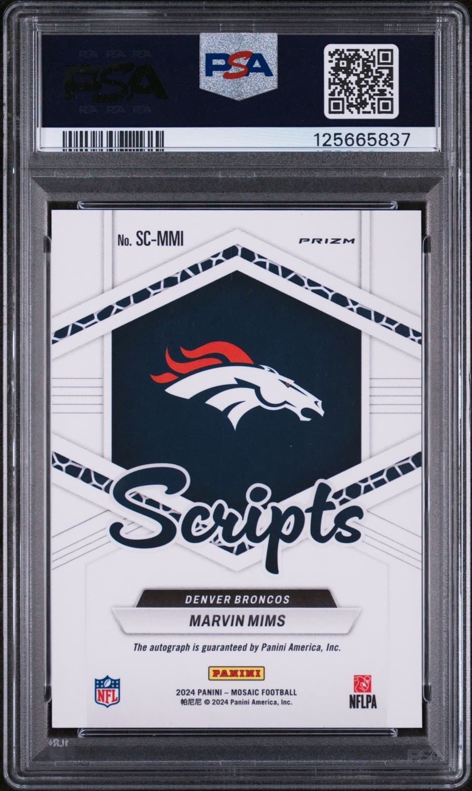 2024 Mosaic - Scripts Marvin Mims - No Huddle Blue Prizm (AU). PSA 10. Pop 1!