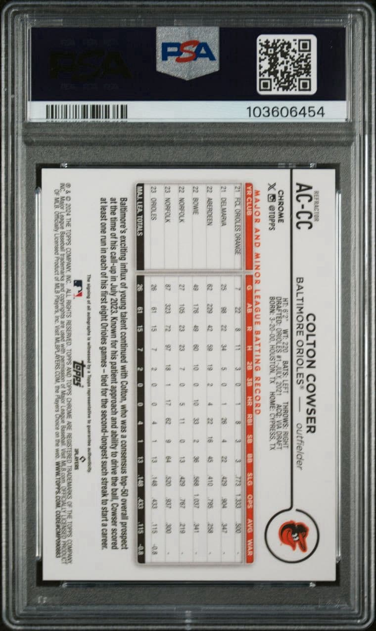 2024 Topps Chrome Update Series - Autographs Refractor Colton Cowser /499. PSA 8