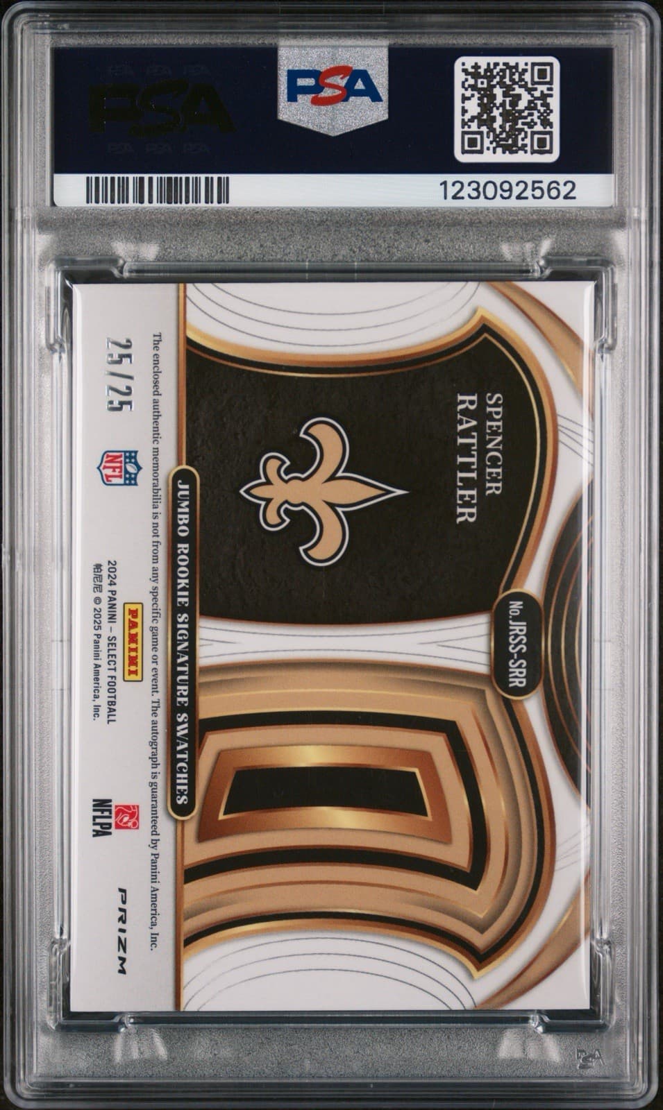 2024 Select Spencer Rattler Jumbo Rookie Signature Swatches Tie-Dye 25/25. PSA 9 thumbnail 2