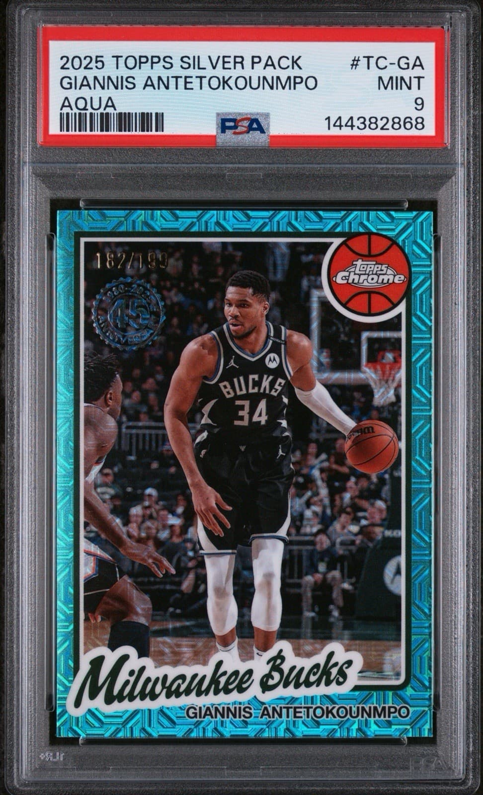 2025 Topps Silver Pack Topps Chrome- Giannis Antetokounmpo Aqua /199. PSA 9 MINT