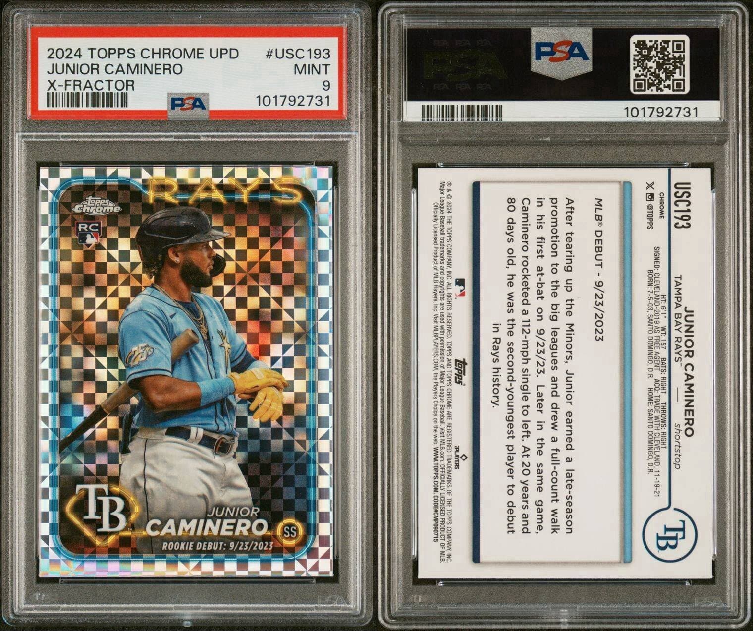 2024 Topps Chrome Update - Junior Caminero Rookie Debut X-Fractor #USC193. PSA 9
