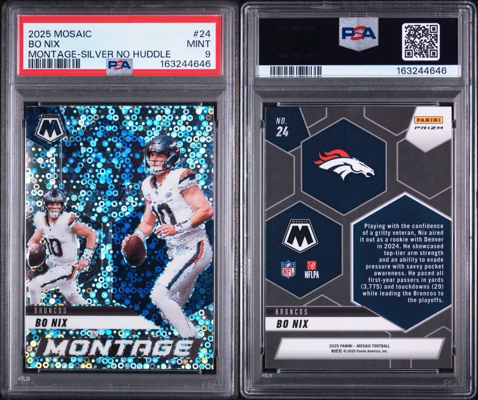 2025 Panini Mosaic - Bo Nix #24 Montage Silver No Huddle Prizm. PSA 10 GEM MINT
