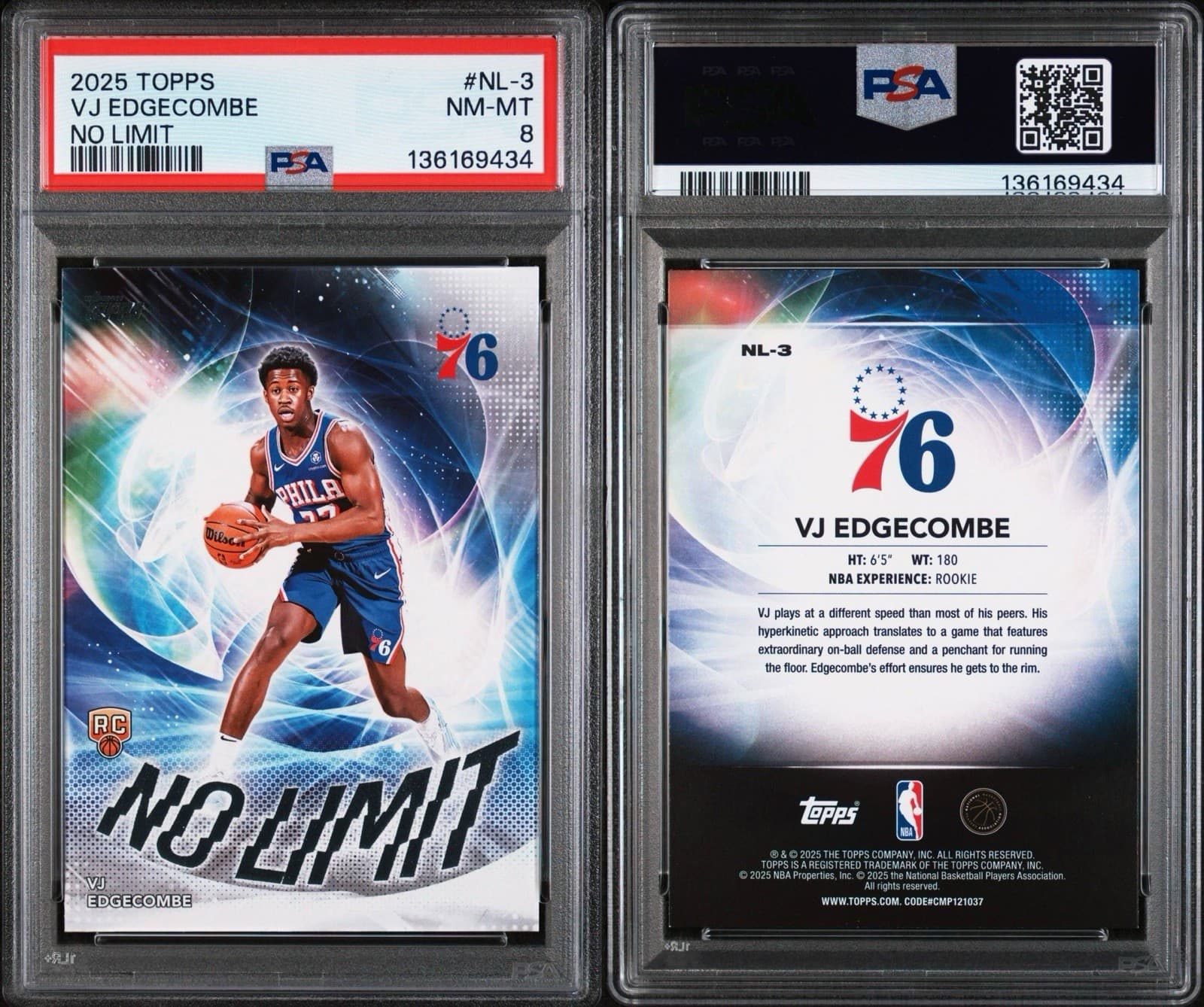 2025-26 Topps - No Limit VJ Edgecombe #NL-3 (RC). PSA 8 NM - MT