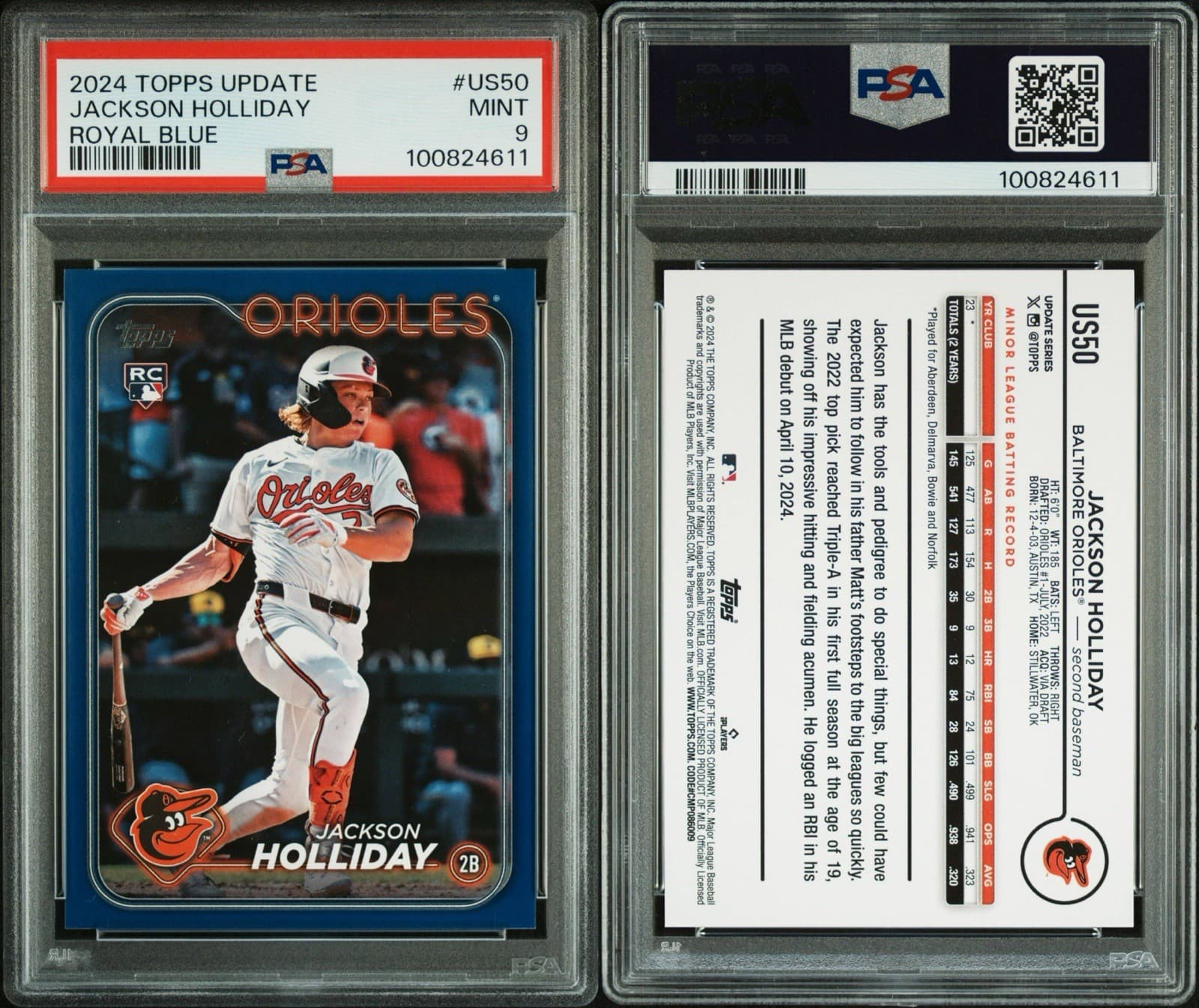 2024 Topps Update Series - Jackson Holliday #US50 Royal Blue (RC). PSA 9 Mint
