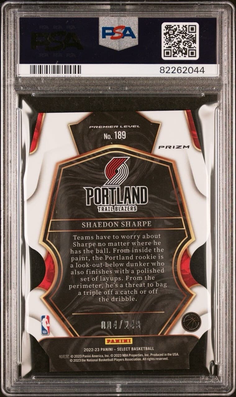 2022 Panini Select Shaedon Sharpe Blue Die-Cut /249. PSA 9. Pop 9