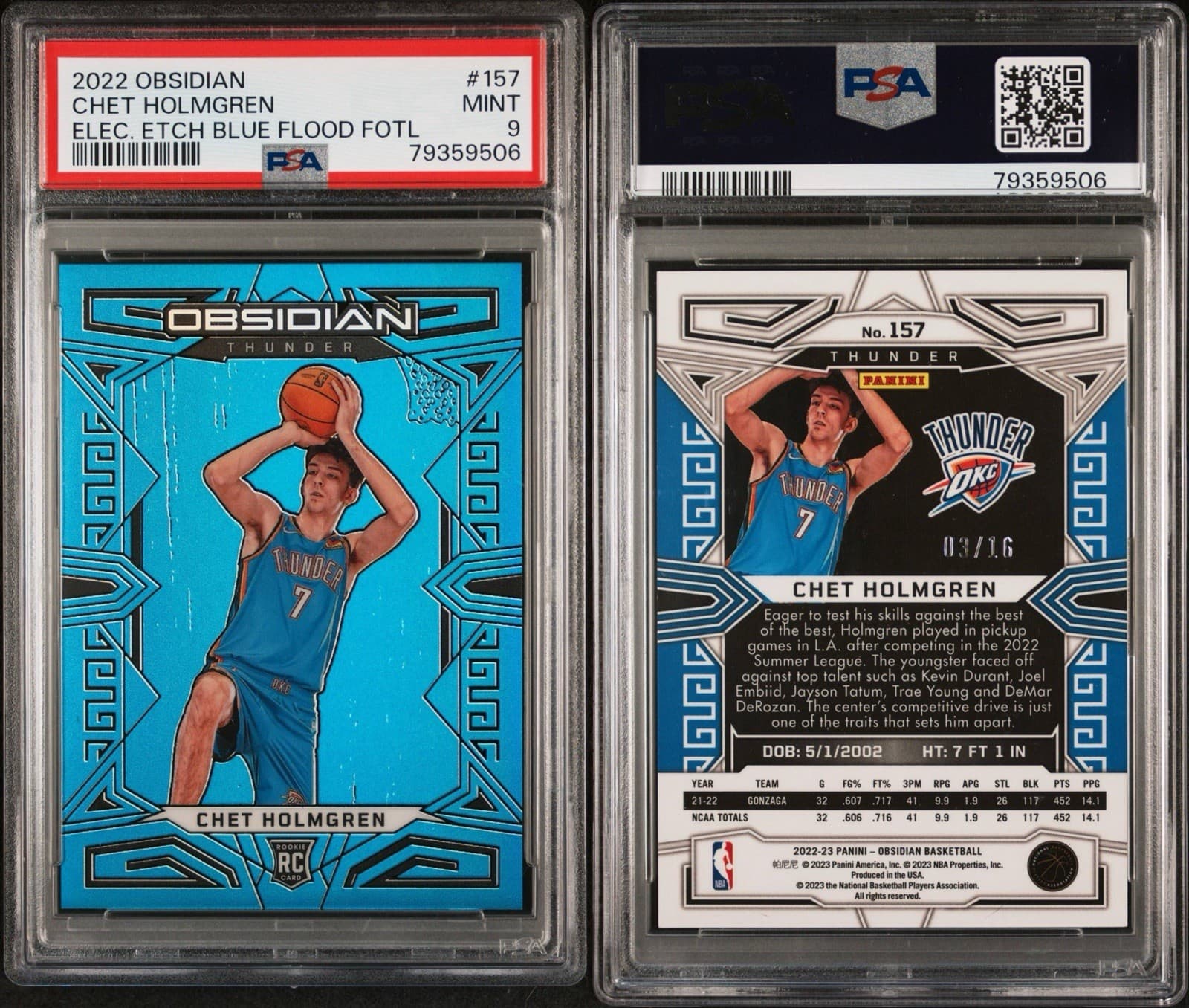 2022 Obsidian - Chet Holmgren #157 Electric Etch Blue Flood FOTL /16 (RC). PSA 9 thumbnail 3