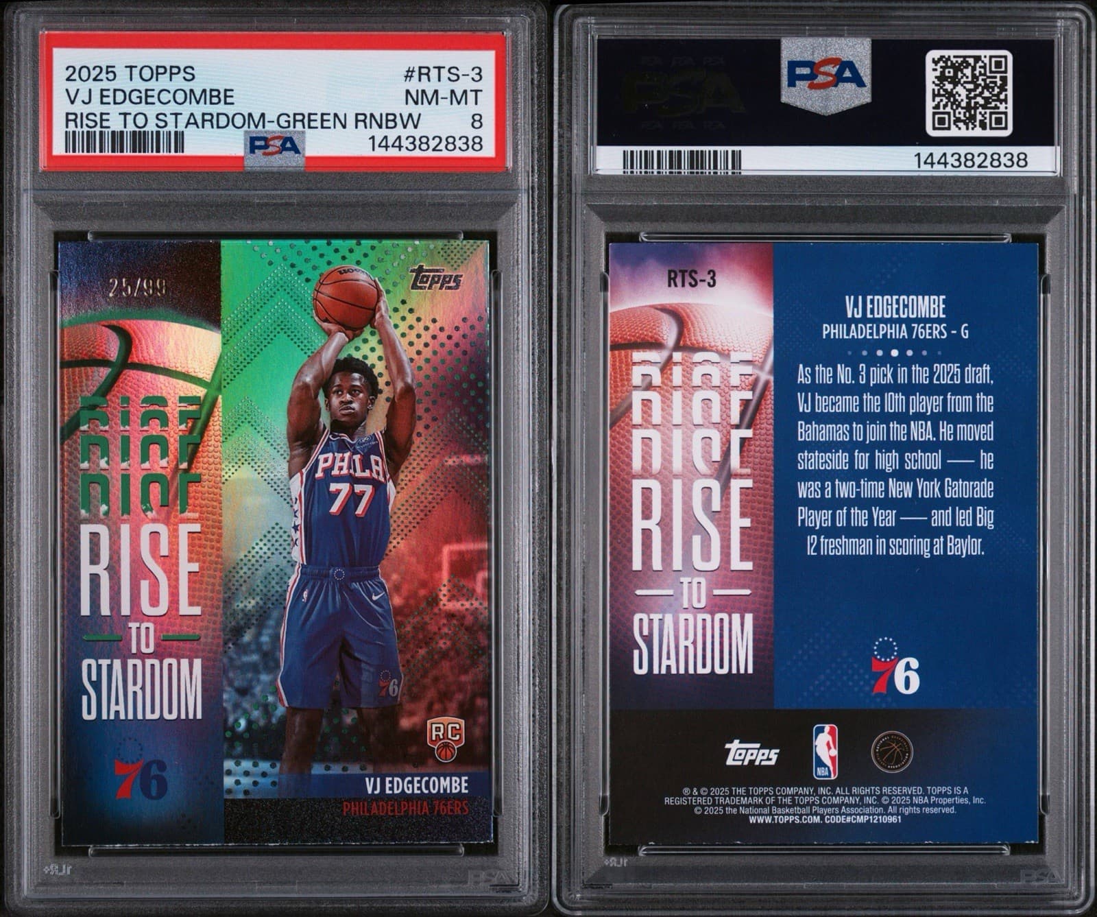 2025 Topps - Rise to Stardom VJ Edgecombe (RC) #RTS-3 Green Rainbow /99. PSA 8