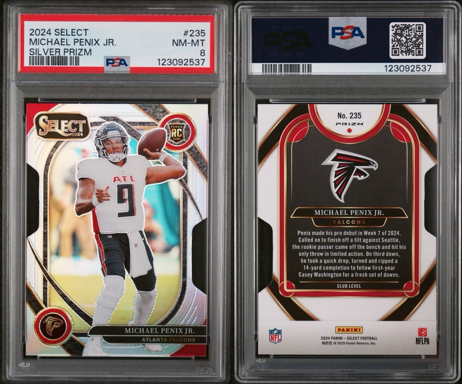 2024 Select - Club Level Michael Penix Jr. #235 Silver Prizm Die-Cut (RC). PSA 8