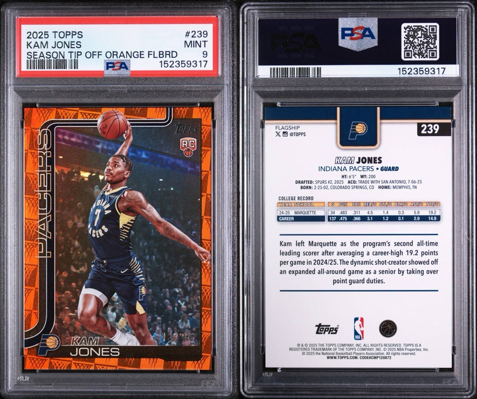 2025 TOPPS #239 KAM JONES (RC) SEASON TIP OFF - ORANGE FOIL BOARD /25. PSA 9.