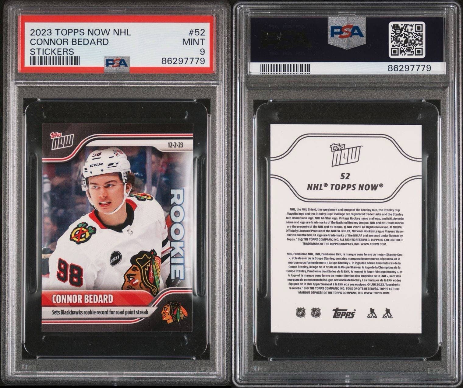 2023 Topps Now NHL Sticker - CONNOR BEDARD #52 PSA-9 Chicago BLACKHAWKS RC thumbnail 3