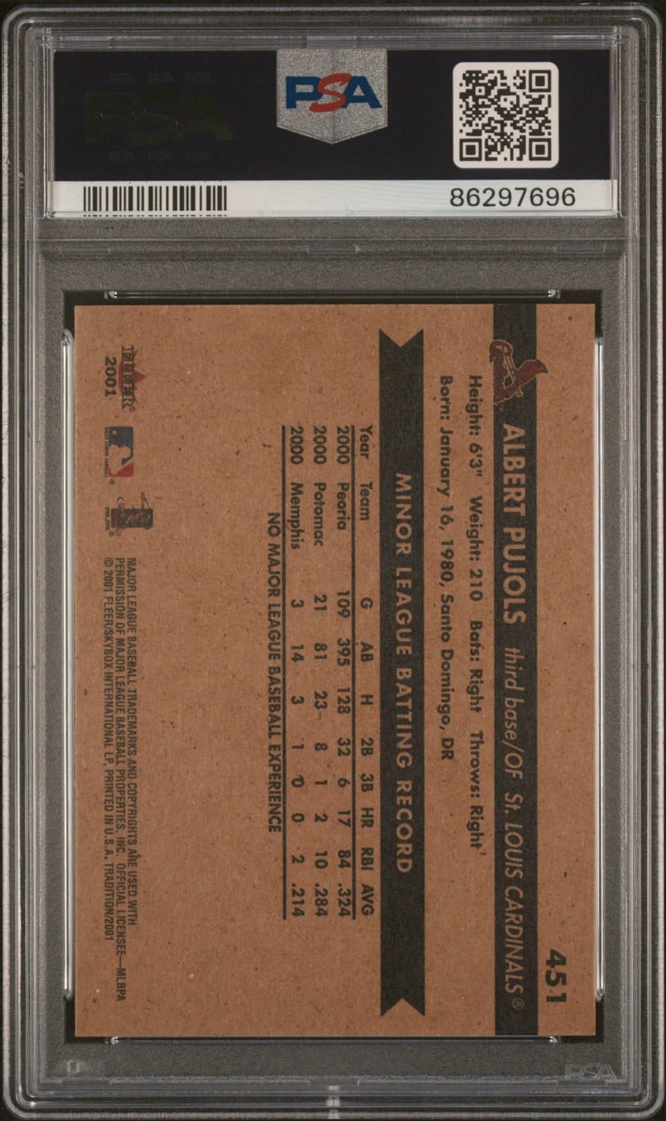 2001 Fleer Tradition - Albert Pujols #451 (RC). PSA 10 GEM MT