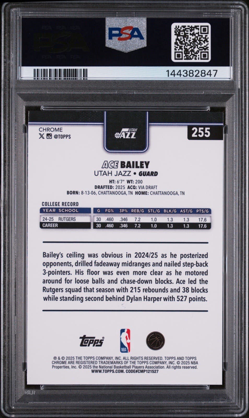 2025-26 Topps Chrome - Ace Bailey #255 X-Fractor (RC). PSA 10 GEM MT