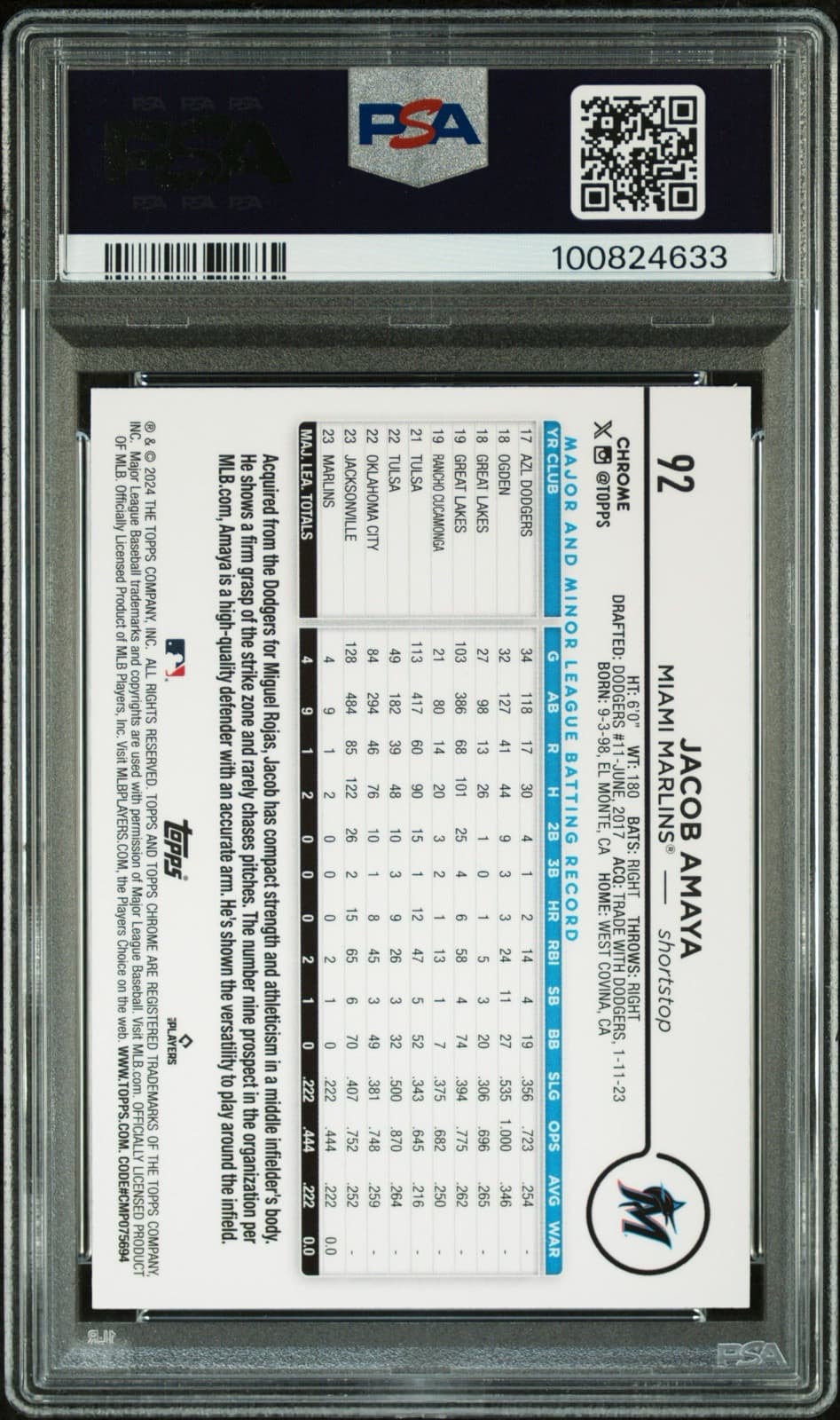 2024 Topps Chrome - X-Fractor #92 Jacob Amaya (RC). PSA 10. Pop 2!