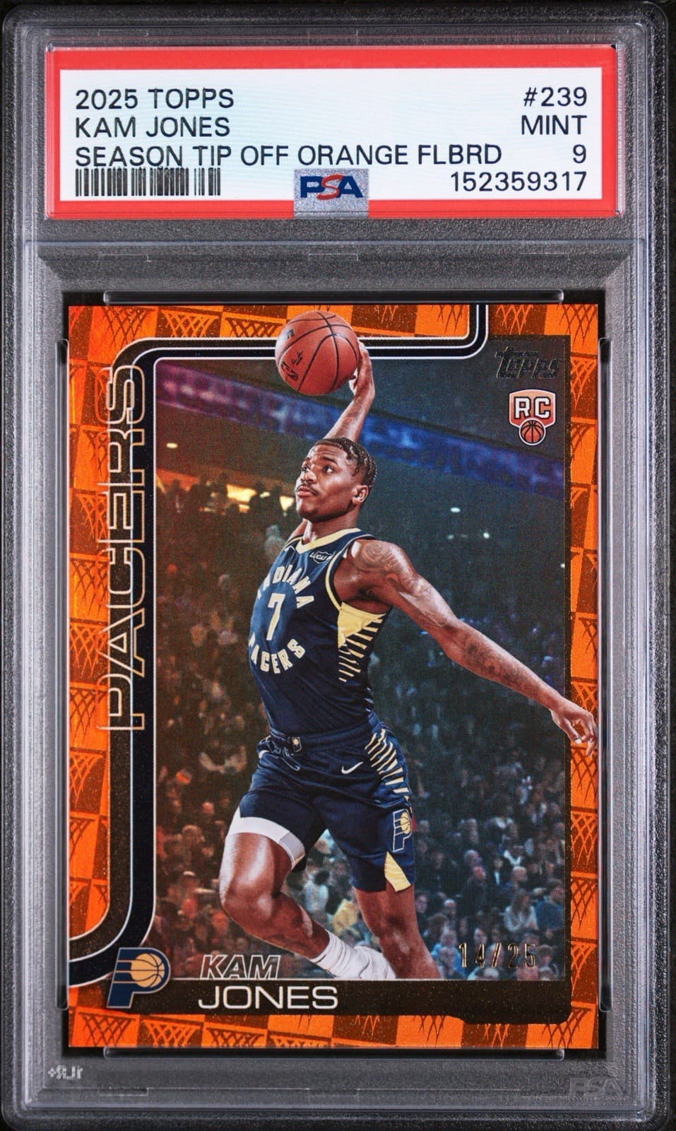2025 TOPPS #239 KAM JONES (RC) SEASON TIP OFF - ORANGE FOIL BOARD /25. PSA 9.