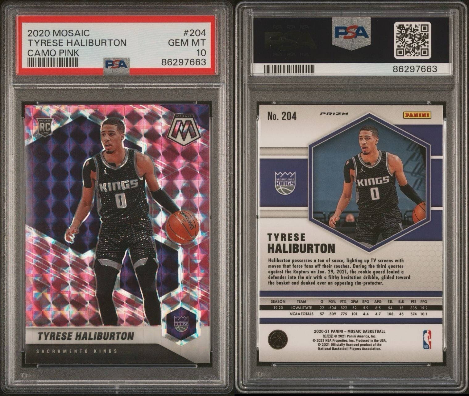 2020 Mosaic Tyrese Haliburton - Rookie Pink Camo Mosaic Prizm #204 (RC). PSA 10