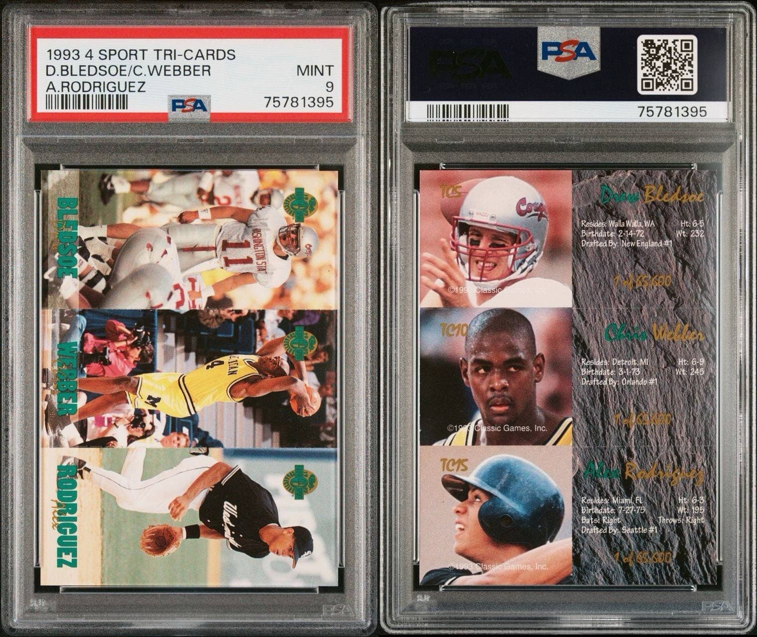 BLEDSOE WEBBER RODRIGUEZ RC HOF 1993 Classic Four Sport Tri-Cards PSA 9