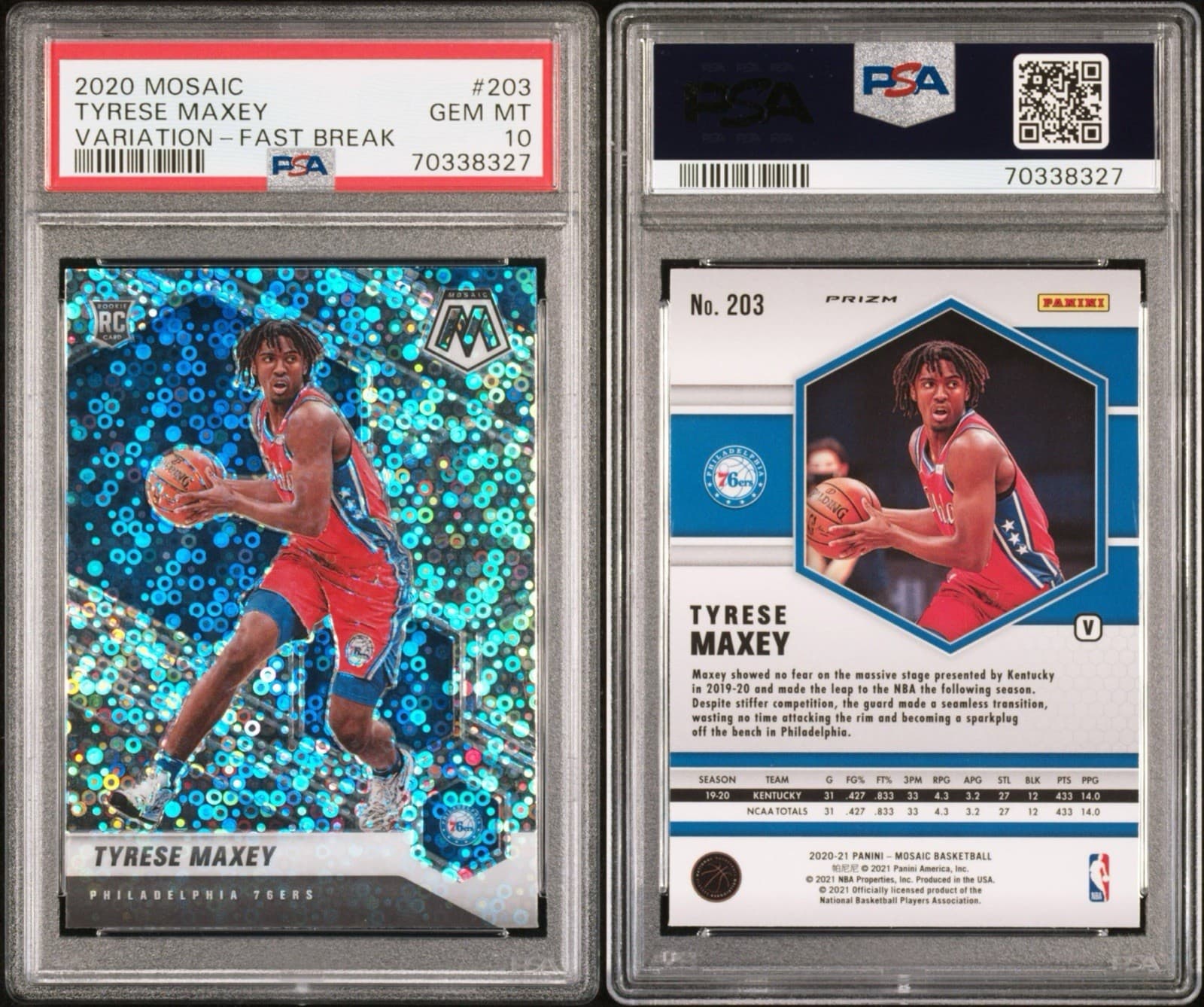 2020 Panini Mosaic Tyrese Maxey (RC) #203 Fast Break Silver Variation. PSA 10