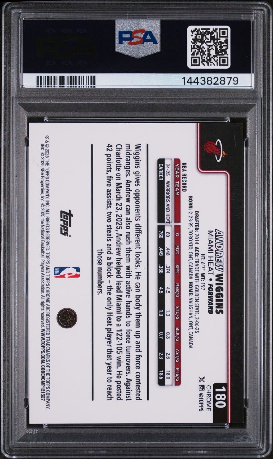 2025 Topps Chrome - Andrew Wiggins #180 Gold Basketball Refractor /50. PSA 10.