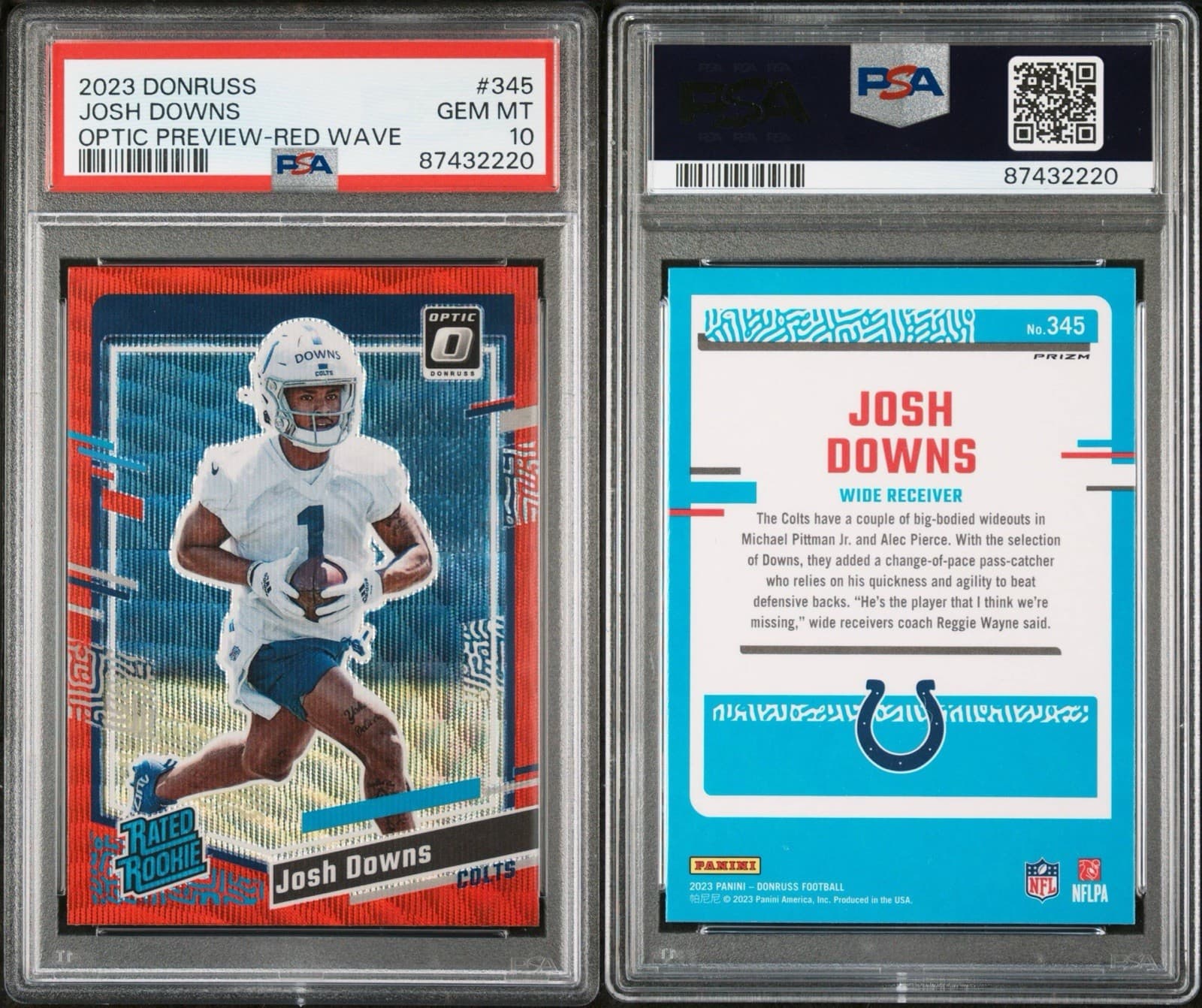 2023 Donruss Rated Rookie Josh Downs (RC) Optic Preview Red Wave. PSA 10. Pop 7