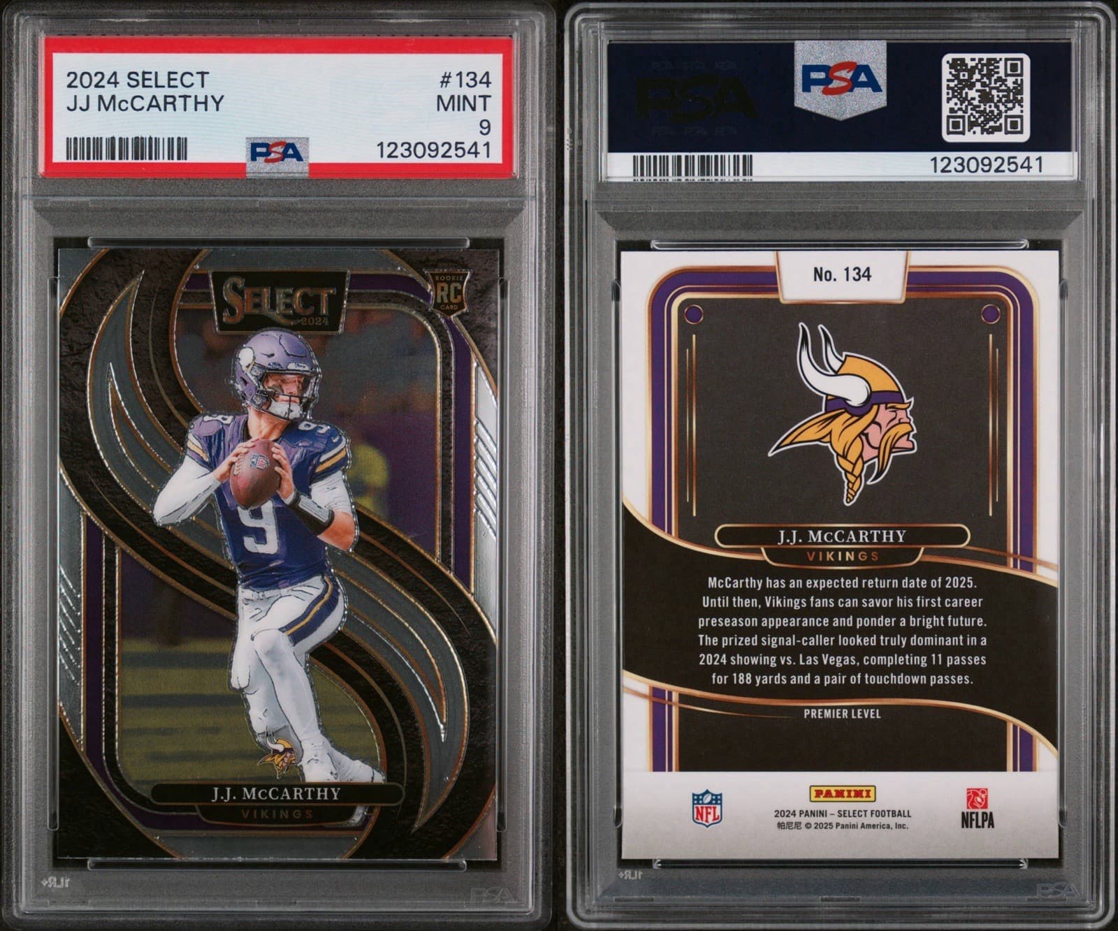 2024 Panini Select - Premier Level J.J. McCarthy #134 (RC). PSA 9 Mint