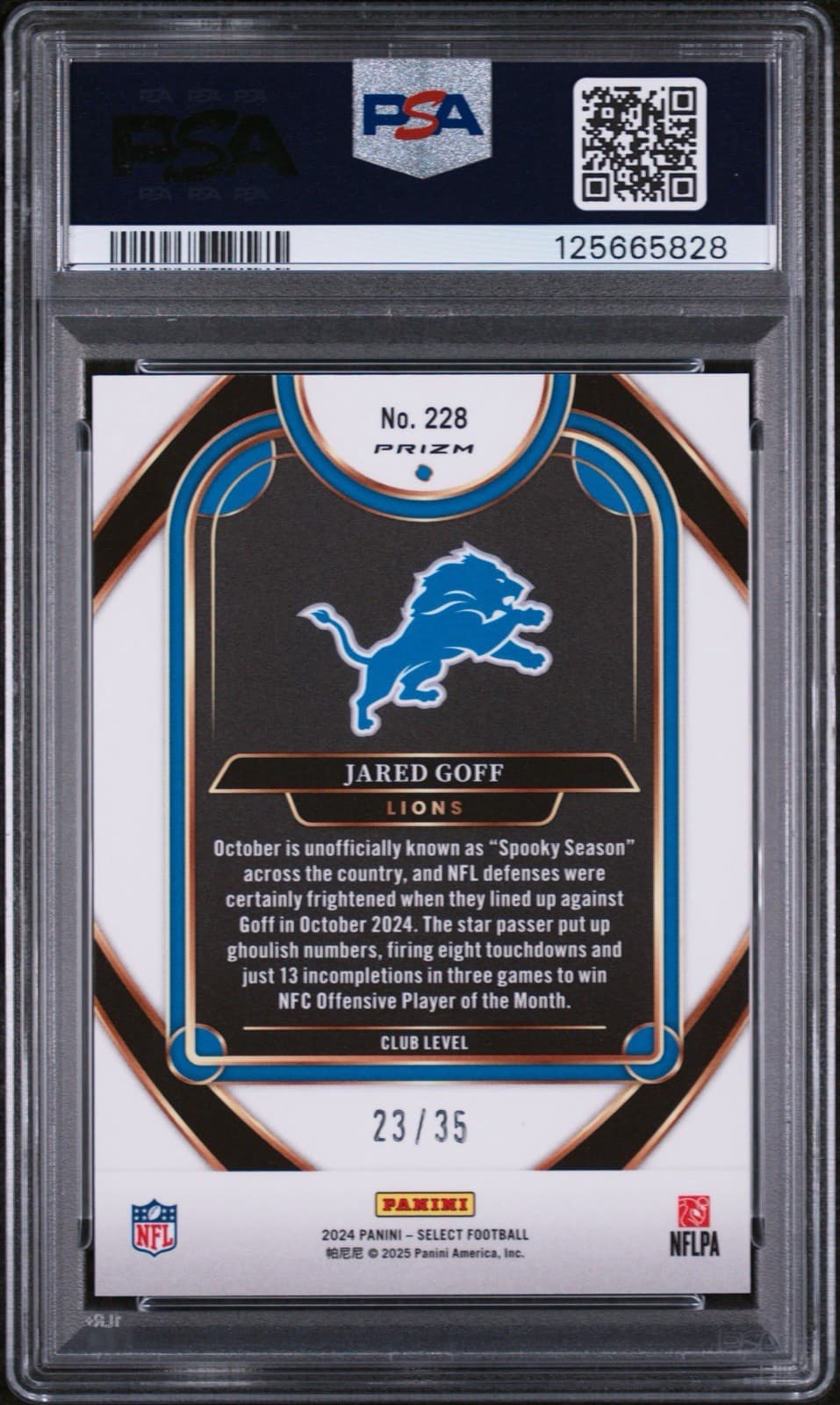 2024 Panini Select - Club Level Jared Goff #228 White Prizm /35. PSA 9 Mint