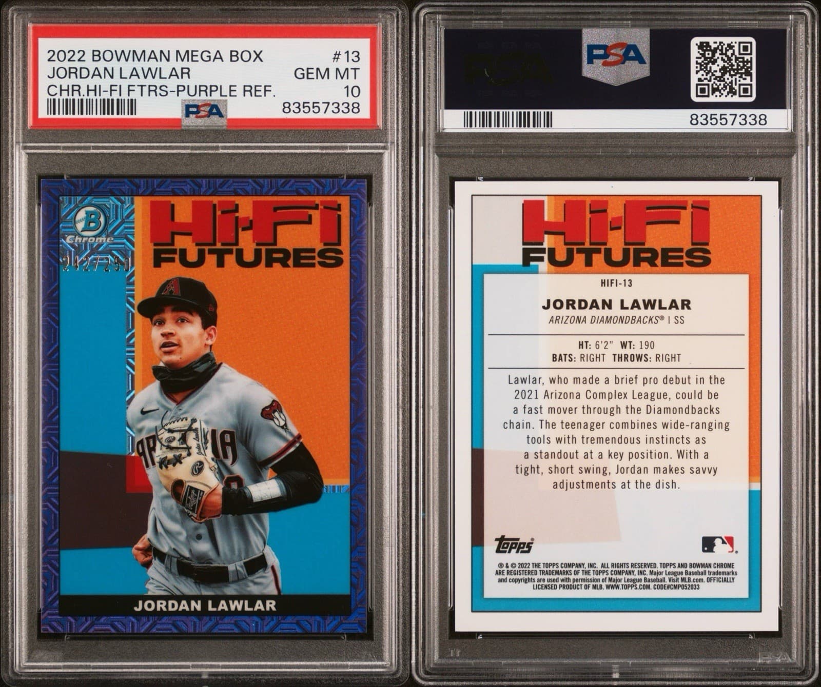 2022 Bowman Hi-Fi Futures Jordan Lawlar Purple Mojo Refractor /250 PSA 10. Pop 2