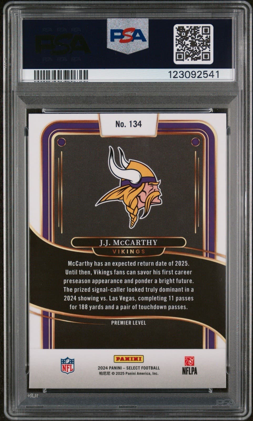 2024 Panini Select - Premier Level J.J. McCarthy #134 (RC). PSA 9 Mint