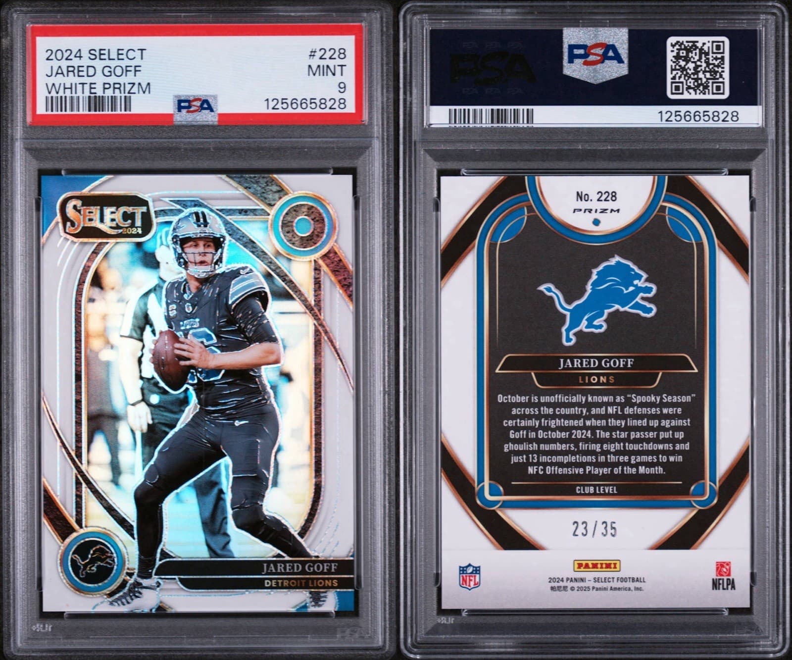 2024 Panini Select - Club Level Jared Goff #228 White Prizm /35. PSA 9 Mint