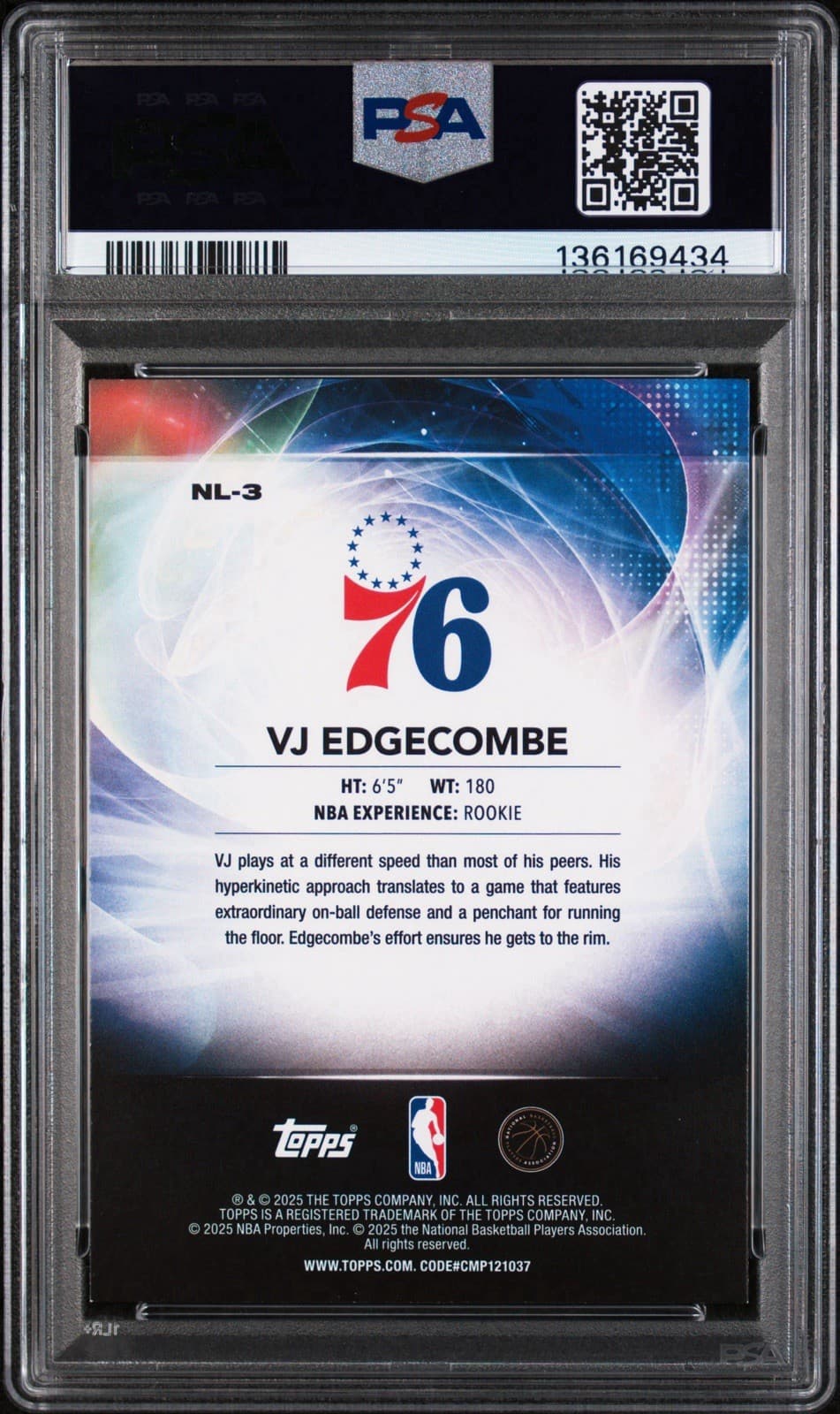 2025-26 Topps - No Limit VJ Edgecombe #NL-3 (RC). PSA 8 NM - MT