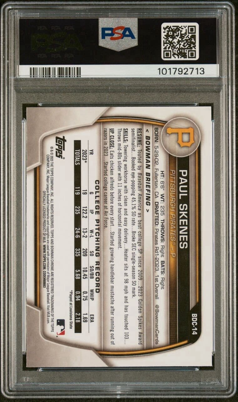 2023 Bowman Draft - Chrome #BDC-14 Paul Skenes (RC). PSA 9.