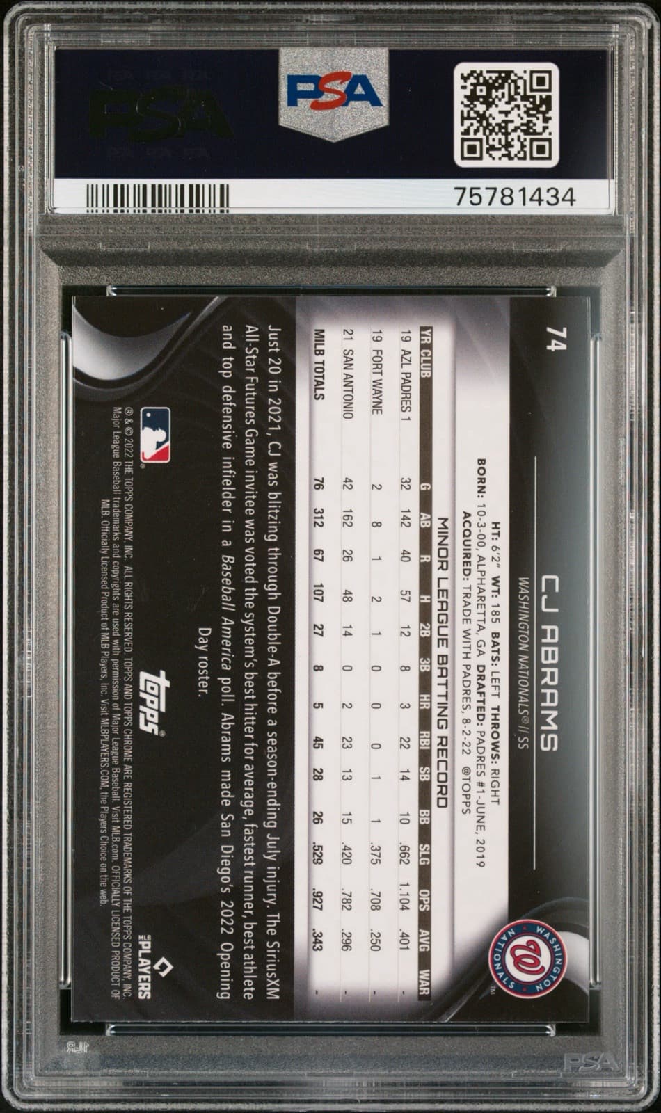 2022 Topps Chrome Black - #74 CJ Abrams (RC). PSA 10. Pop 18!