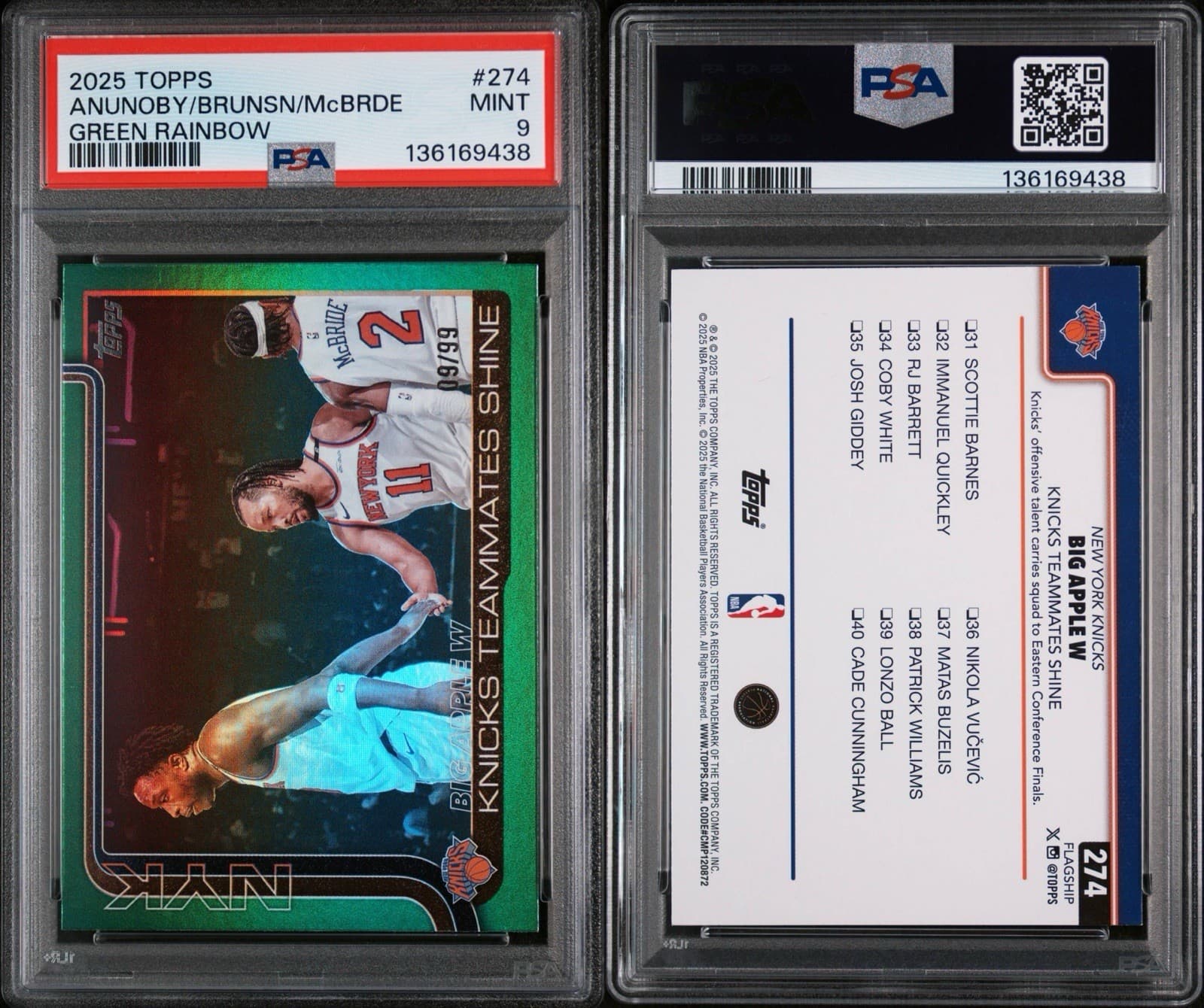 2025-26 Topps Knicks Checklist - Jalen Brunson, etc. Green Rainbow /99. PSA 9