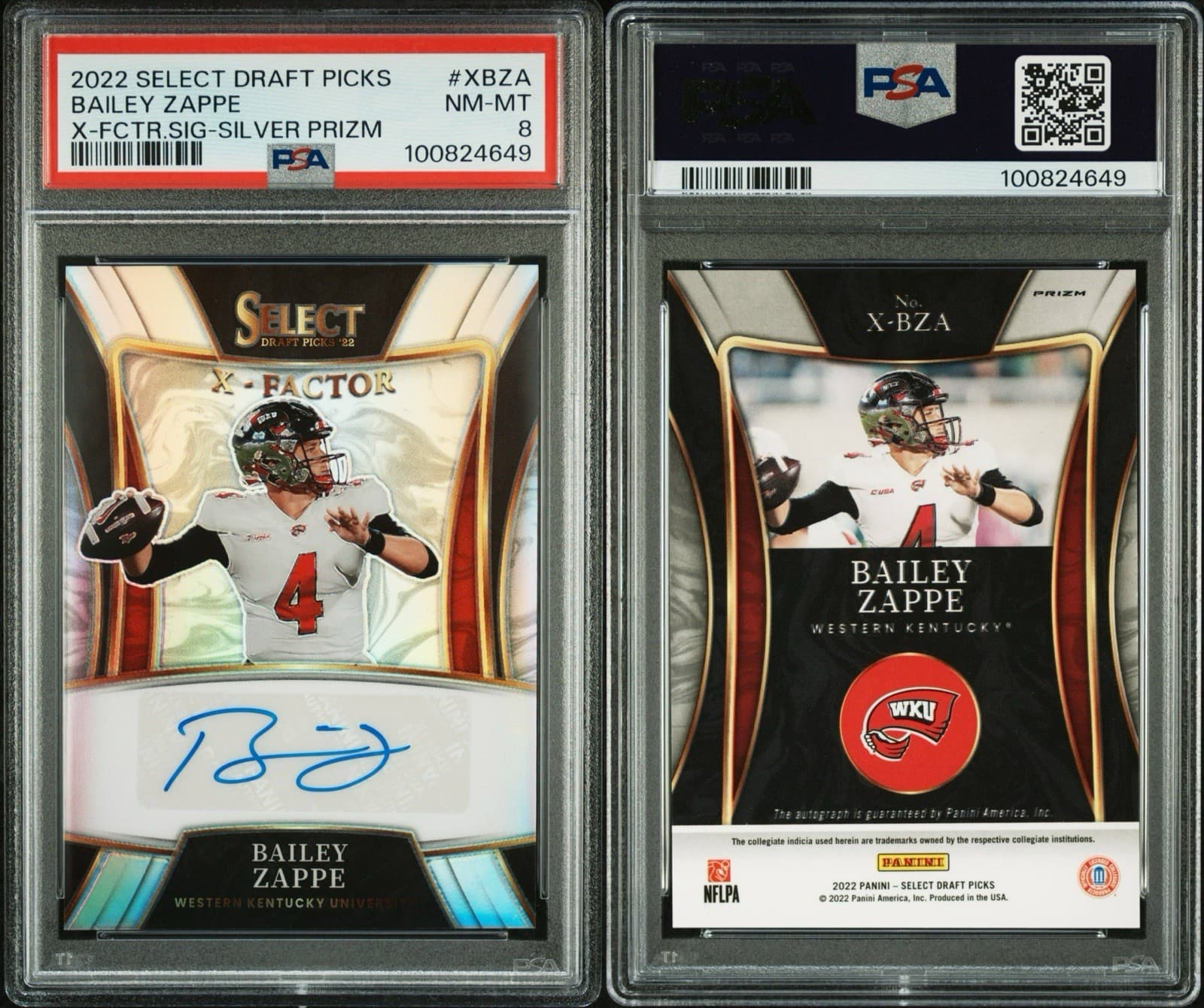 2022 Select Draft Picks - X-Factor Signatures Bailey Zappe #X-BZA Silver. PSA 8