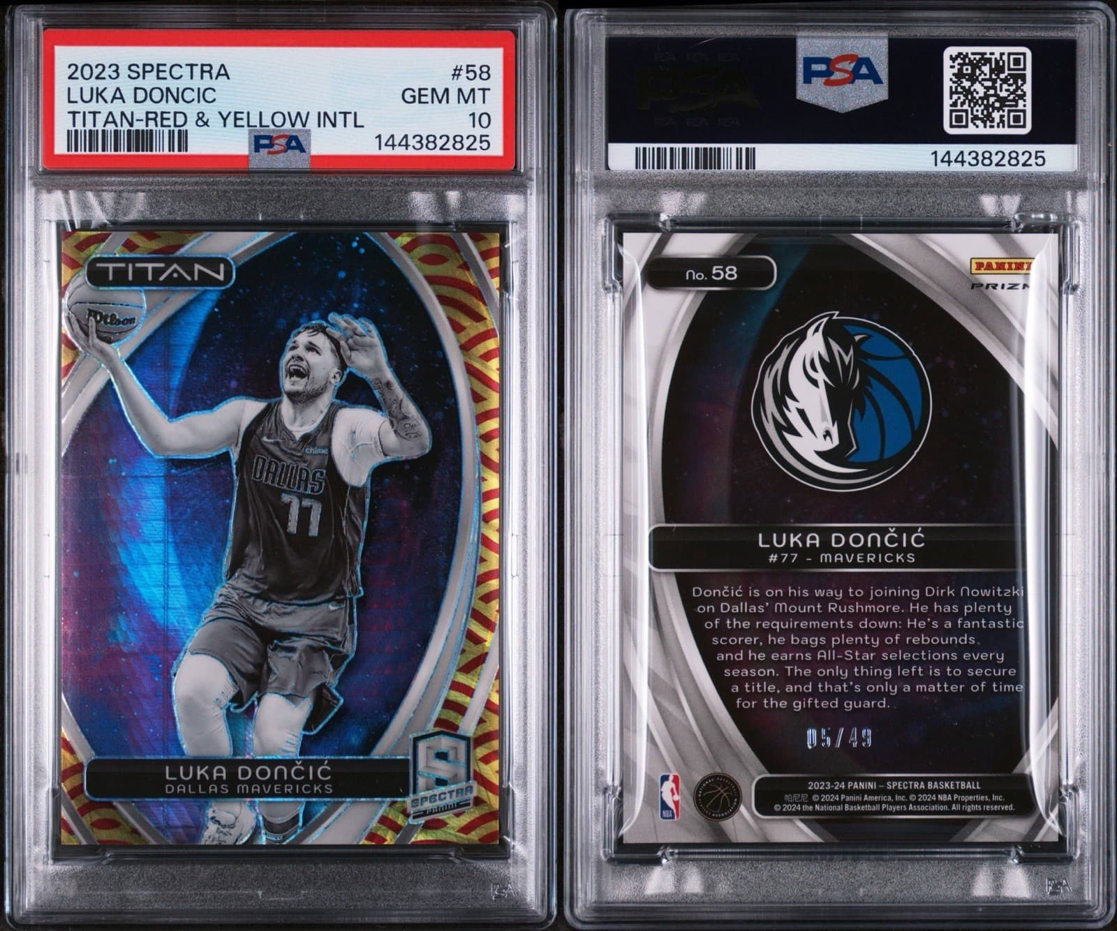 2023 SPECTRA LUKA DONCIC #58 TITAN-RED & YELLOW INTL /49. PSA 10 GEM MT. Pop 4