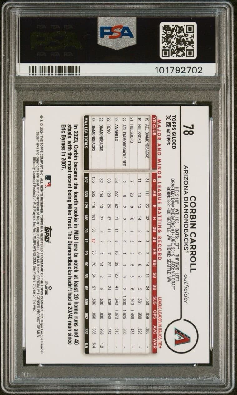 2024 Topps Chrome Gilded Collection Corbin Carroll #78 Gold Raywave /25. PSA 9.