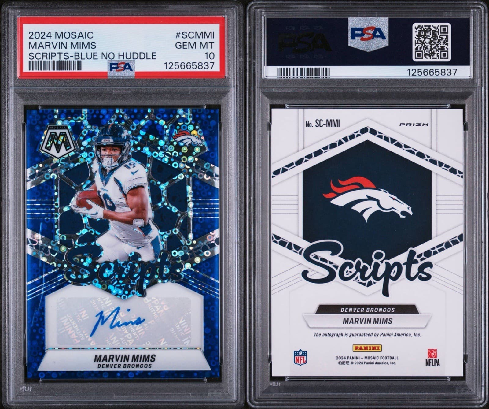 2024 Mosaic - Scripts Marvin Mims - No Huddle Blue Prizm (AU). PSA 10. Pop 1!