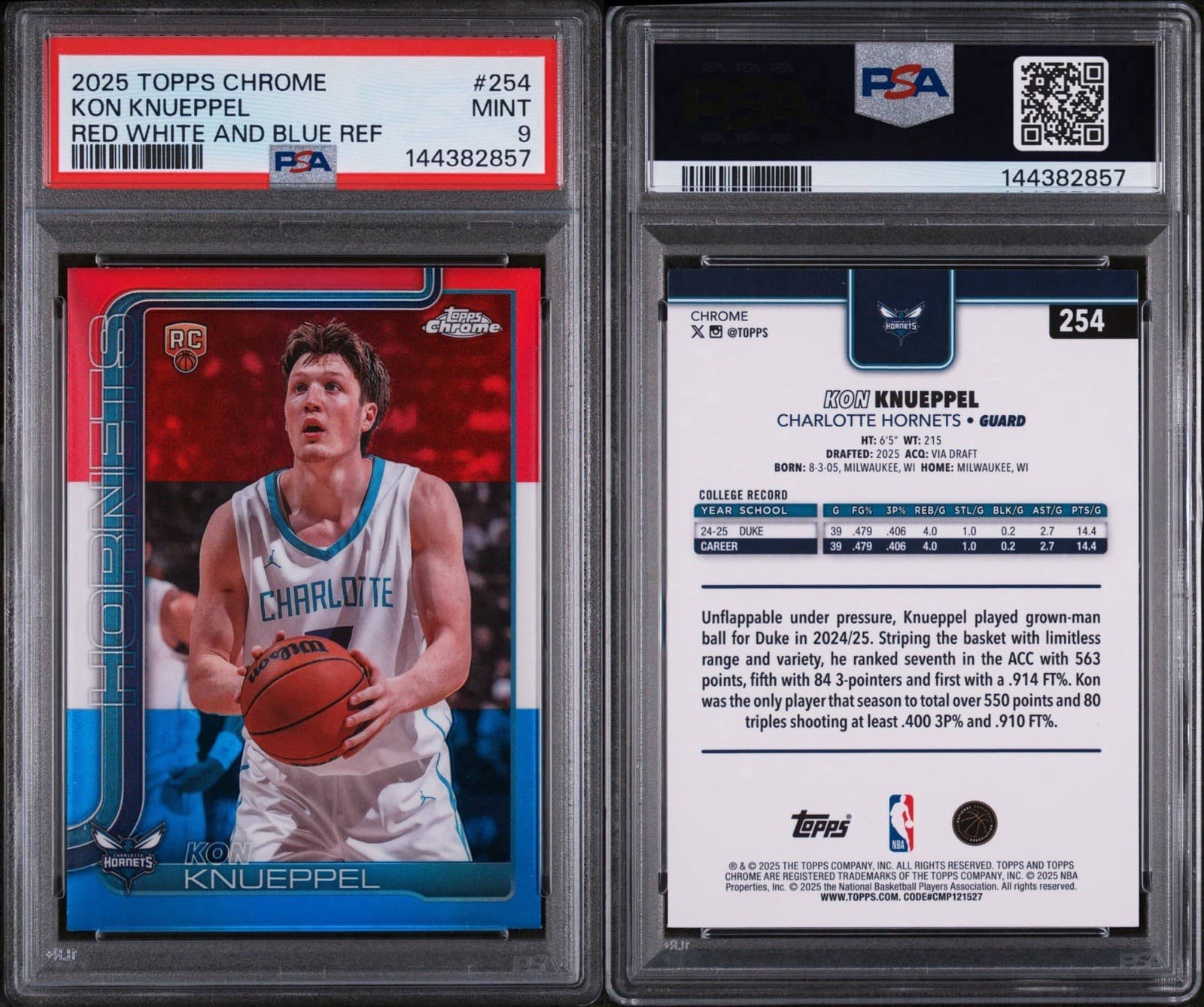 2025-26 Topps Chrome - Kon Knueppel #254 Red White & Blue Refractor (RC). PSA 9
