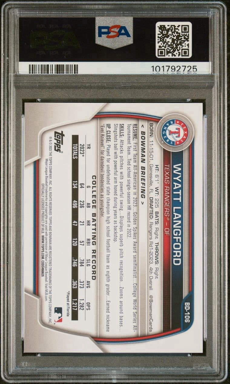 2023 Bowman Draft - #BD-106 Wyatt Langford (RC). PSA 10.