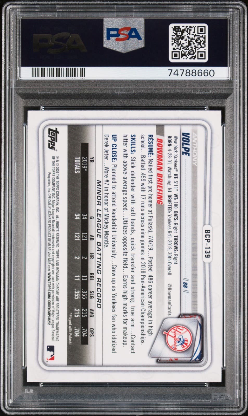 2020 Bowman - Chrome Prospects #BCP-139 Anthony Volpe (RC). PSA 10!