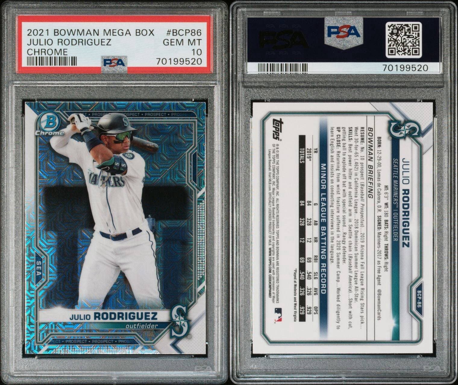 2021 Bowman Mega Box #BCP86 - Julio Rodriguez Chrome PSA 10 GEM MINT Mariners