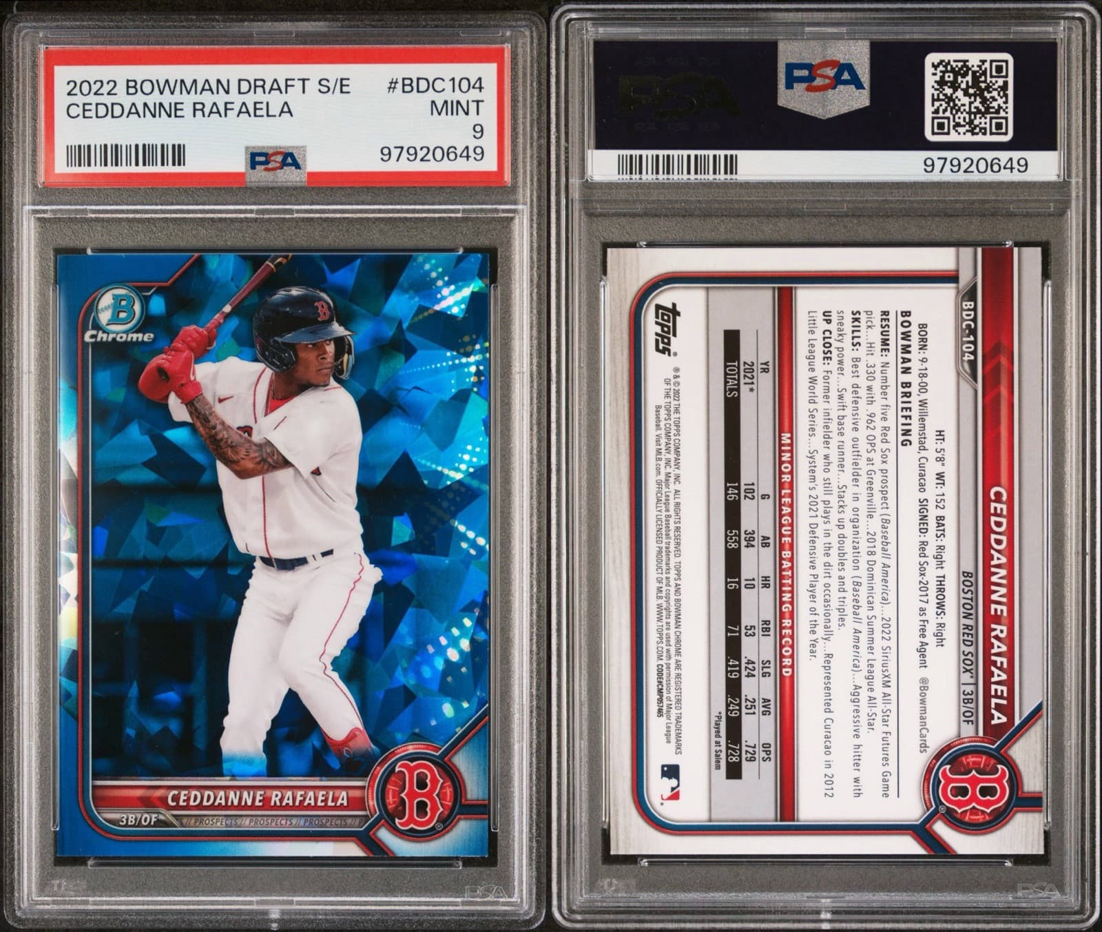 2022 Bowman Chrome Draft Sapphire Edition - Ceddanne Rafaela. PSA 9.  Pop 1!