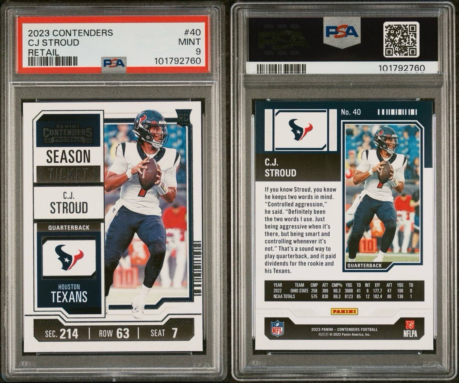 2023 Panini Contenders - Season Ticket Retail #40 C.J. Stroud (RC). PSA 9.