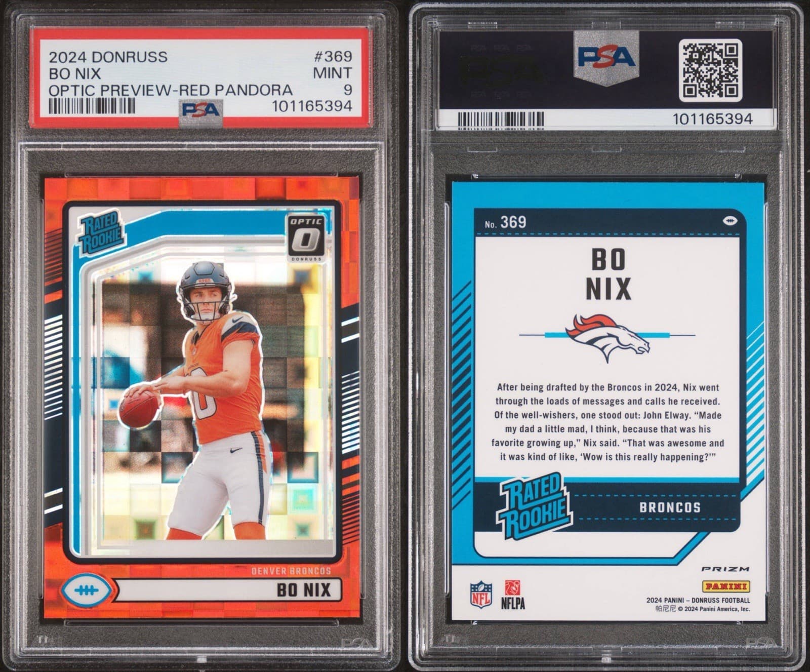 2024 Panini Donruss - Rated Rookie Bo Nix #369 Optic Preview Red Pandora. PSA 9