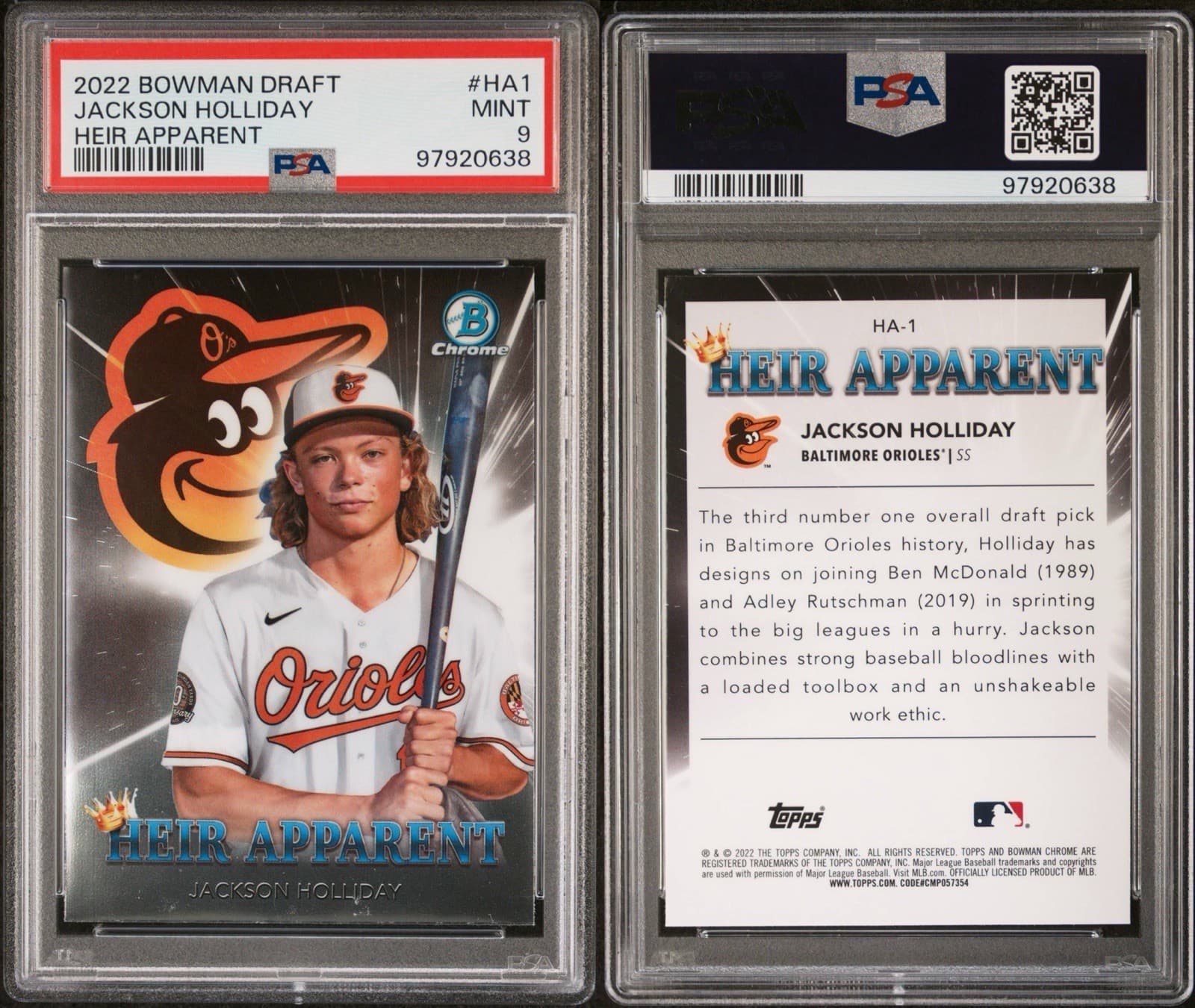 2022 Bowman Draft - Heir Apparent Jackson Holliday #HA-1 (RC). PSA 9 Mint.