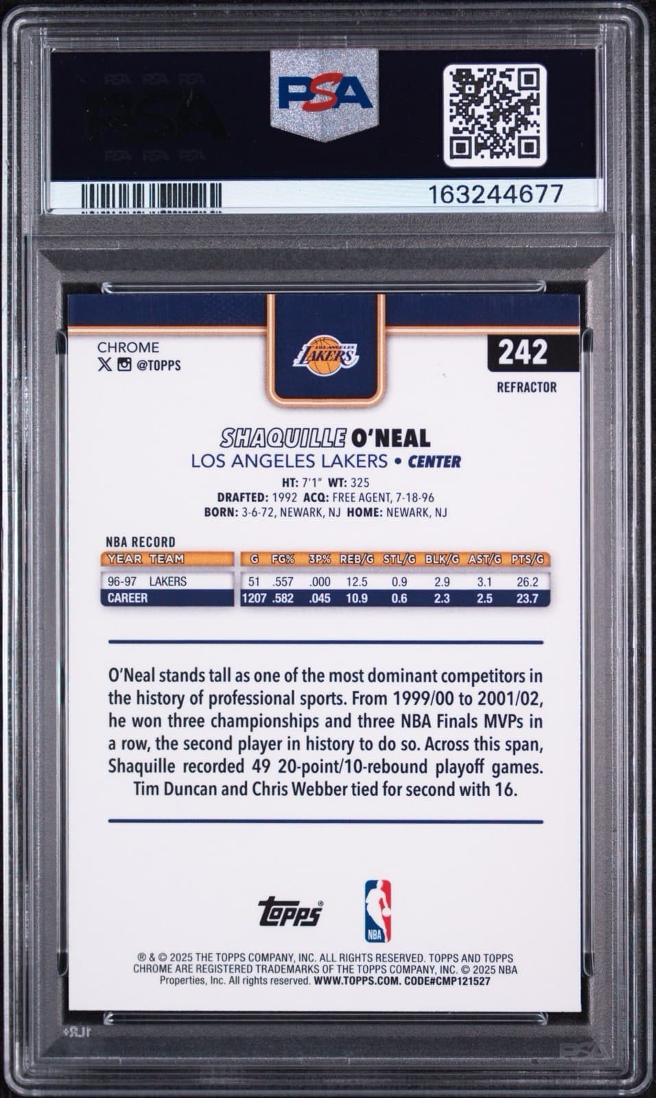 2025-26 Topps Chrome - Shaquille O'Neal #242 Refractor. PSA 9 MINT
