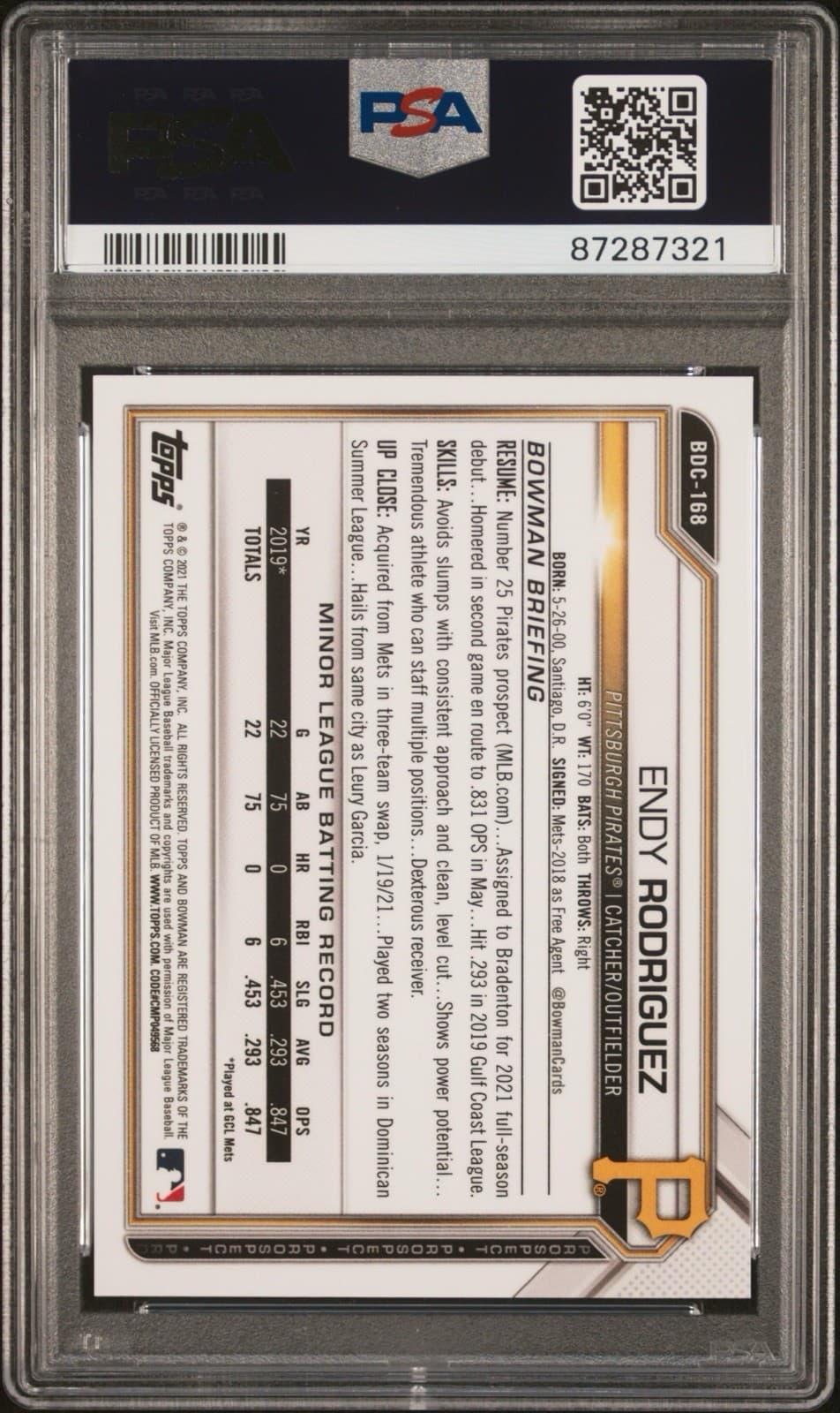2021 Bowman Draft - Endy Rodriguez - Chrome Yellow Lava 75/75 (Jersey #). PSA 10