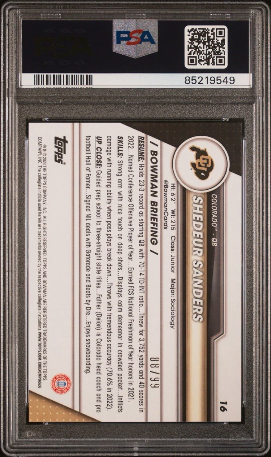 2023 Bowman U Chrome - Shedeur Sanders #16 Green Lava Refractor /99. PSA 9 MINT