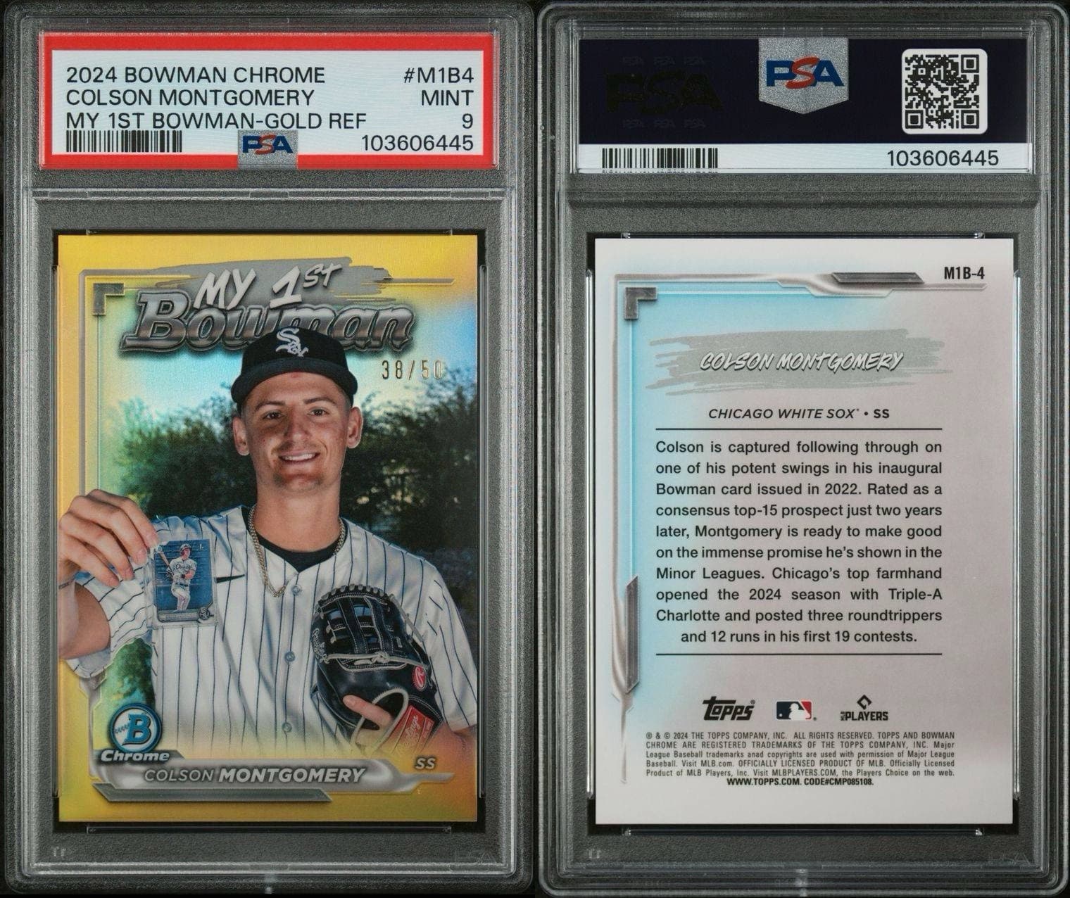 2024 Bowman Chrome Prospects Gold Refractor Colson Montgomery /50. PSA 9. Pop 2!